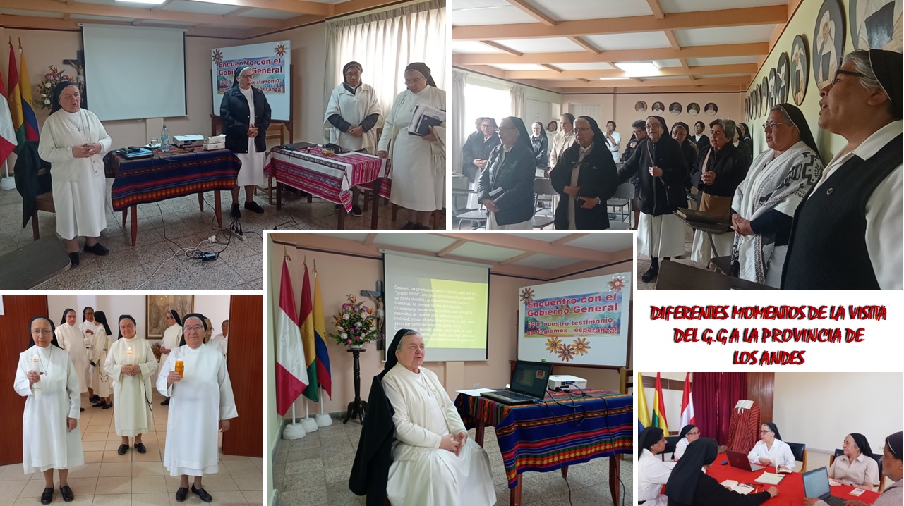 In the 1st photo above, from left to right: Sisters María Escayola, Superior General, Ana Patricia Londoño, Marta Mendieta and Herminia Rincón. On the right, the sisters of the Province living in Peru.  Below, on the left, in Cochabamba Bolivia, front left, Sr Rosalba del Valle, in the centre, Sr María Escayola and on the right, Sr Berta Berenice Hurtado celebrating her GOLDEN WEDDING. Sr. Maria in Lima and on the right, the Provincial Government with Sr. Ana Patricia Londoño.